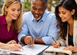 Three people discuss budgets and how that can help with their grants writing success