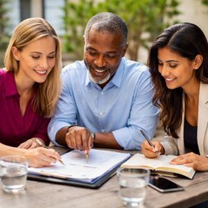 Three people discuss budgets and how that can help with their grants writing success